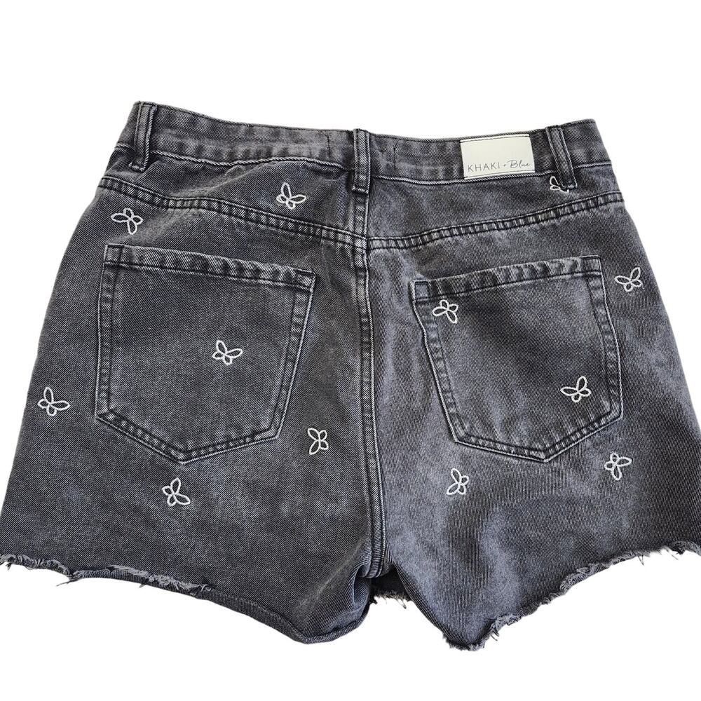 Black Embroidered Butterfly Cut off Jean SHORTS Size 11 Khaki+Blue - Picture 2 of 9
